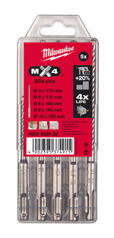 Coffret 5 Forets beton SDS+ MILWAUKEE (4 têtes)